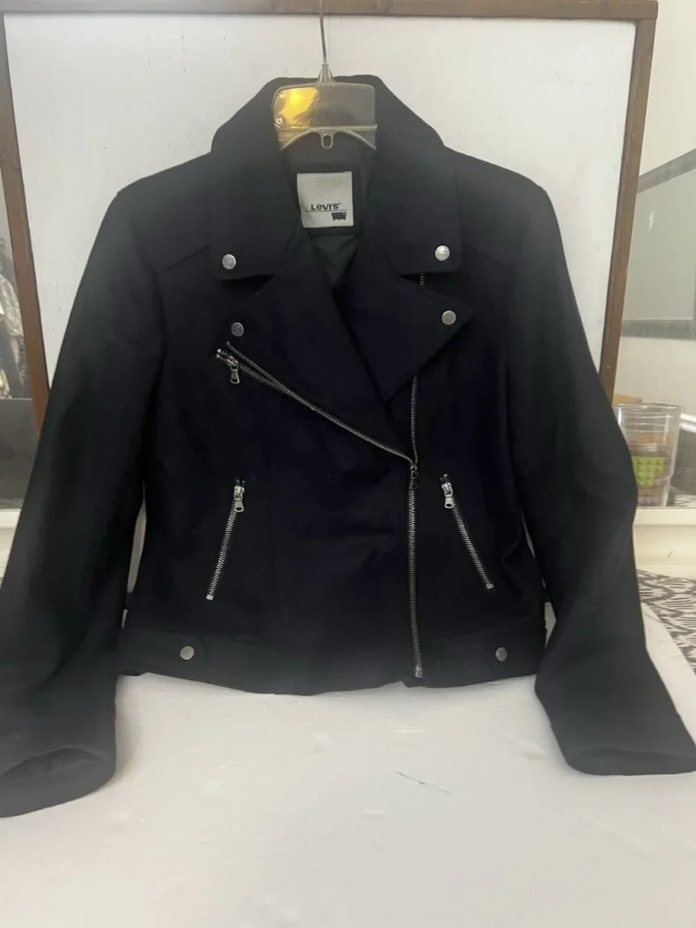 Levis Moto Jacket Womens Medium Wool Blend Black Asymmetrical Zip Biker.   Mm